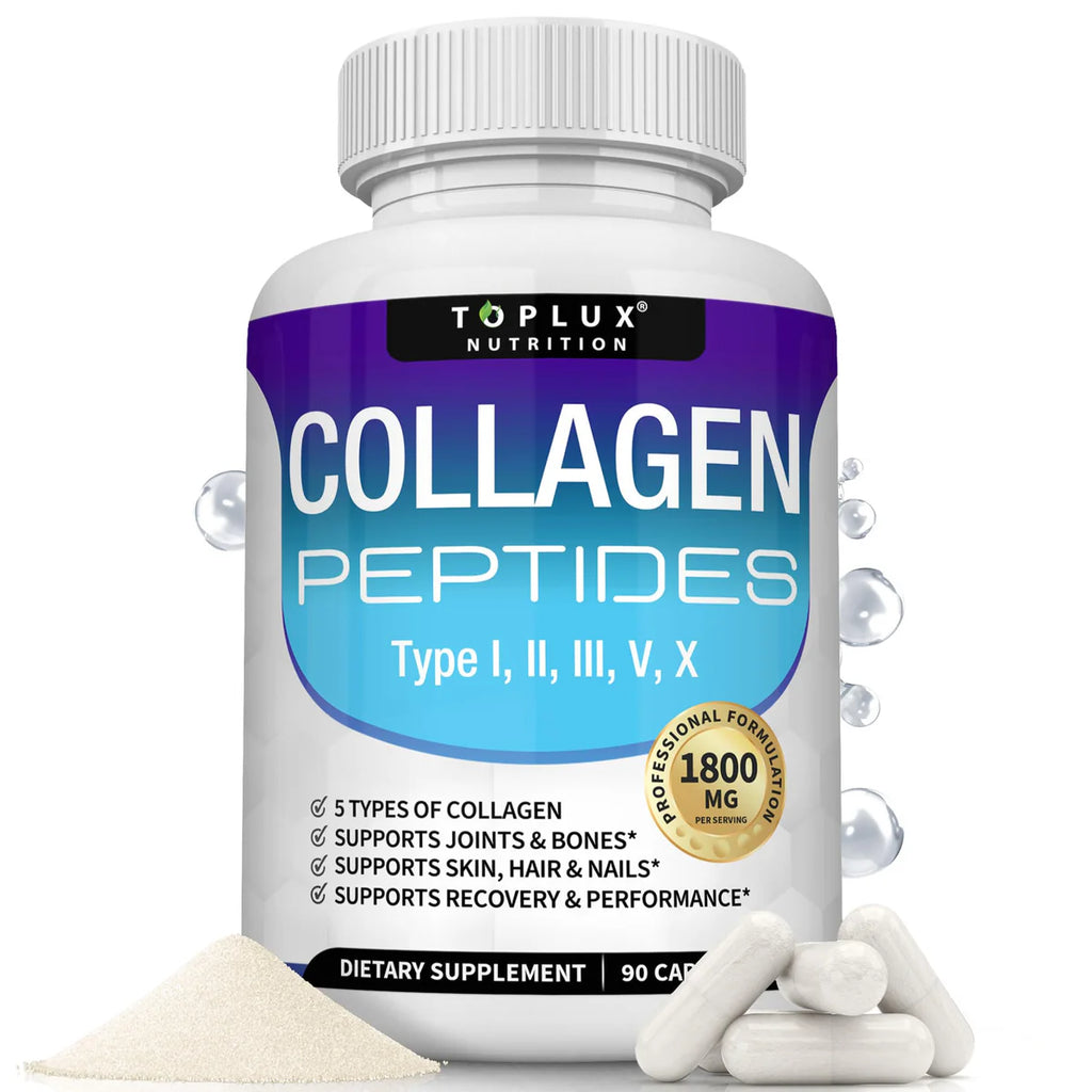 Toplux Multi Collagen Peptides 1800mg – Skin Hair Nails & Joint Support Type I II III V X 90 Capsules
