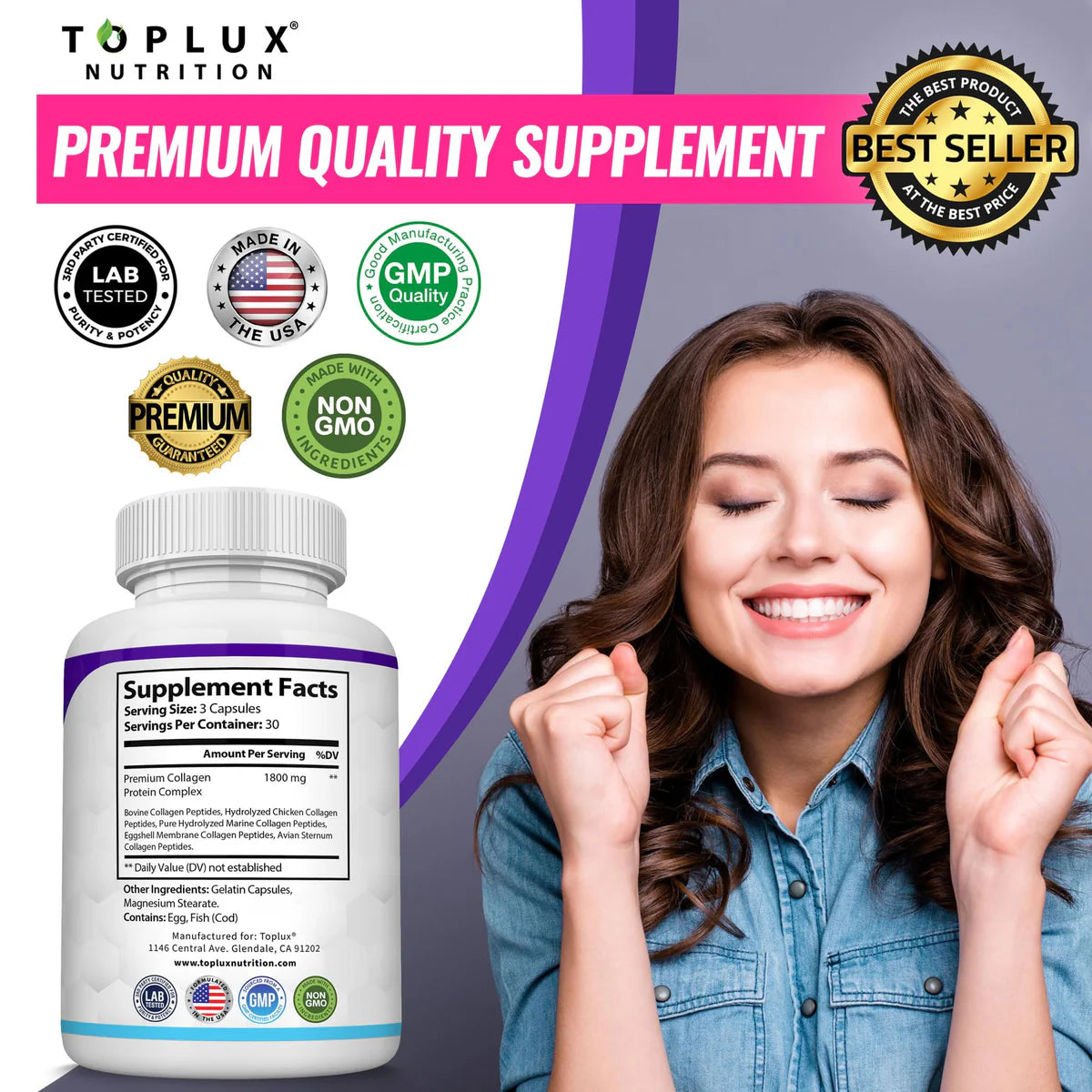 Toplux Multi Collagen Peptides 1800mg – Skin Hair Nails & Joint Support Type I II III V X 90 Capsules