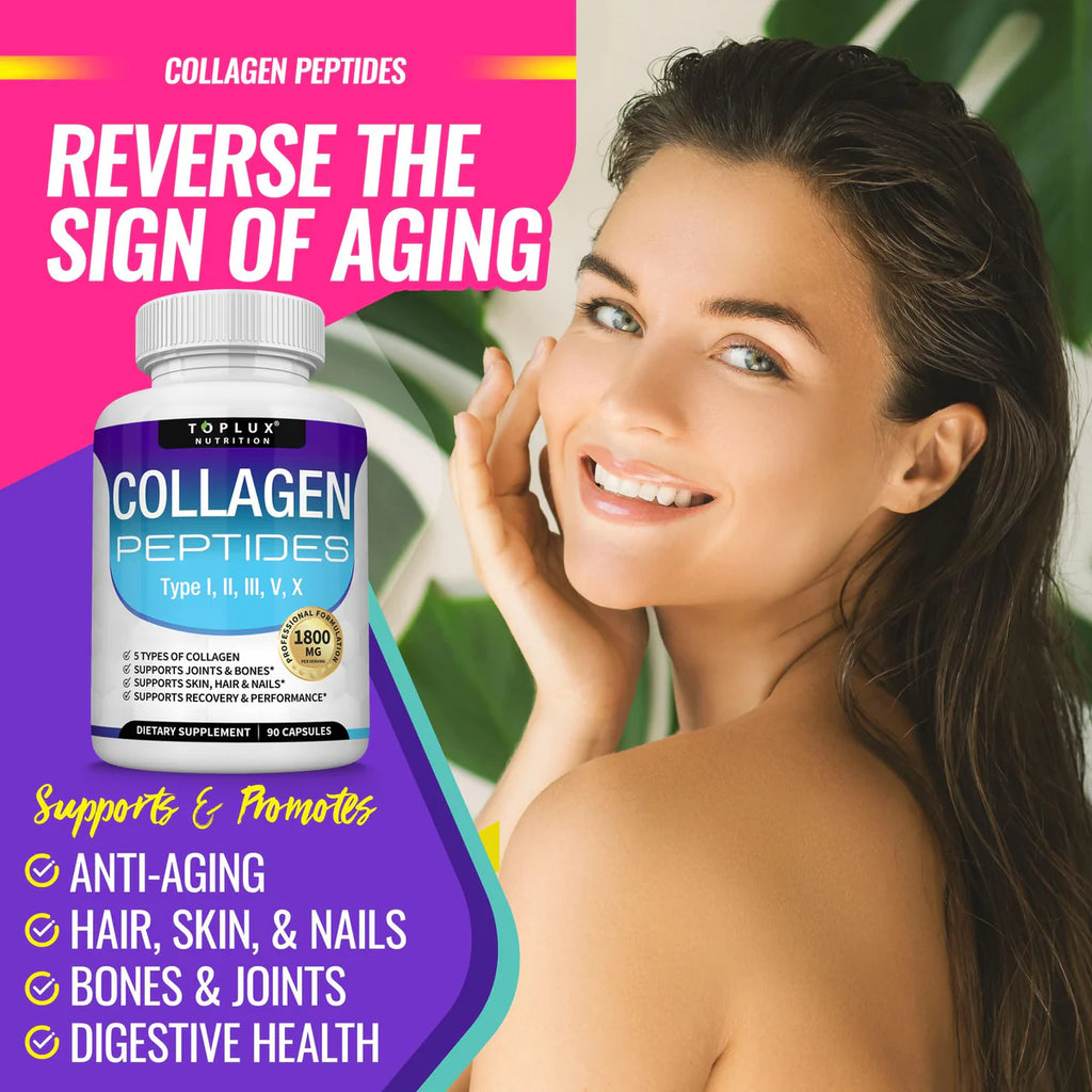 Toplux Multi Collagen Peptides 1800mg – Skin Hair Nails & Joint Support Type I II III V X 90 Capsules