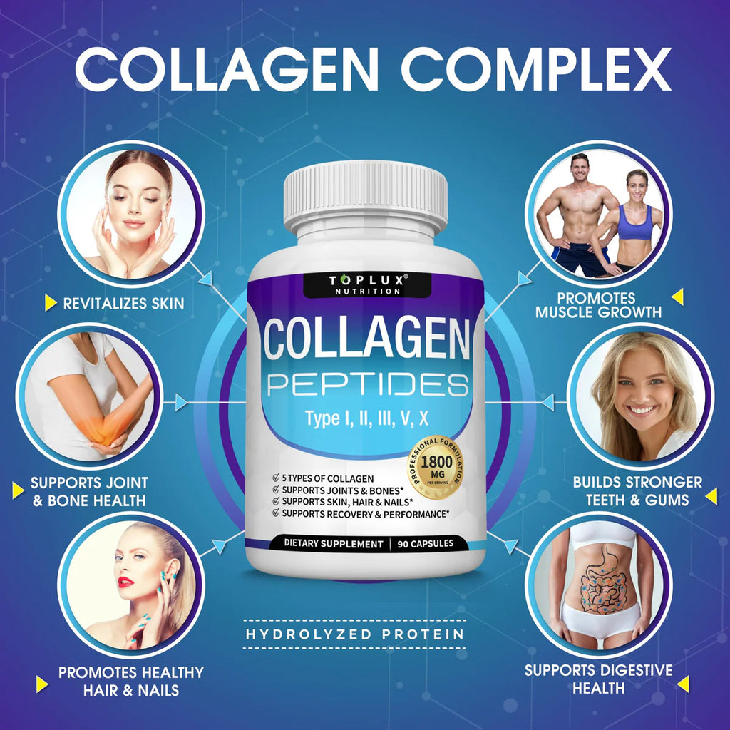 Toplux Multi Collagen Peptides 1800mg – Skin Hair Nails & Joint Support Type I II III V X 90 Capsules